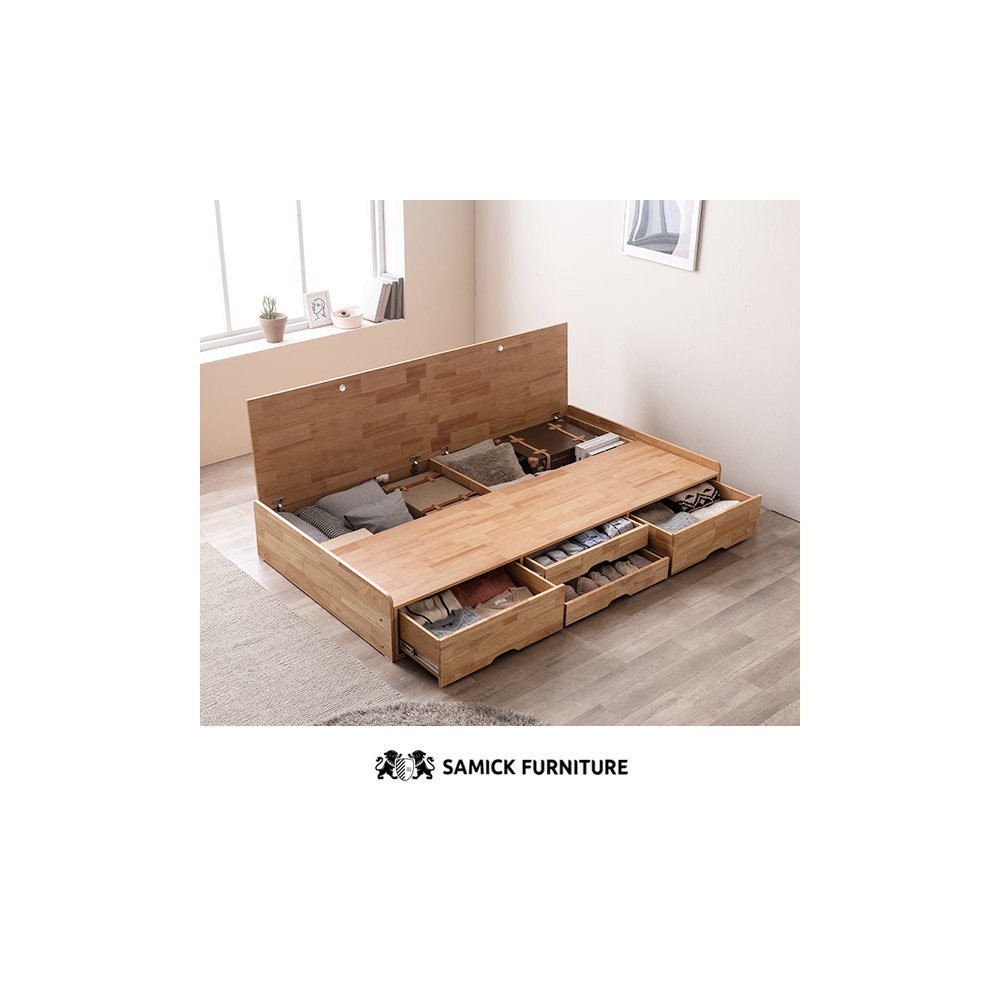 (쿠폰할인 33.9)포텐 LED 4단 수납 원목 침대(양모 라텍스 7존